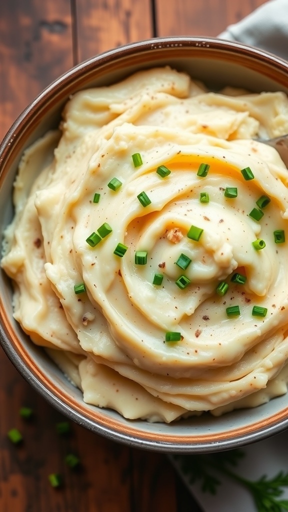 Creamy mashed red potatoes in a bowl, garnished with chives, on a rustic wooden table.